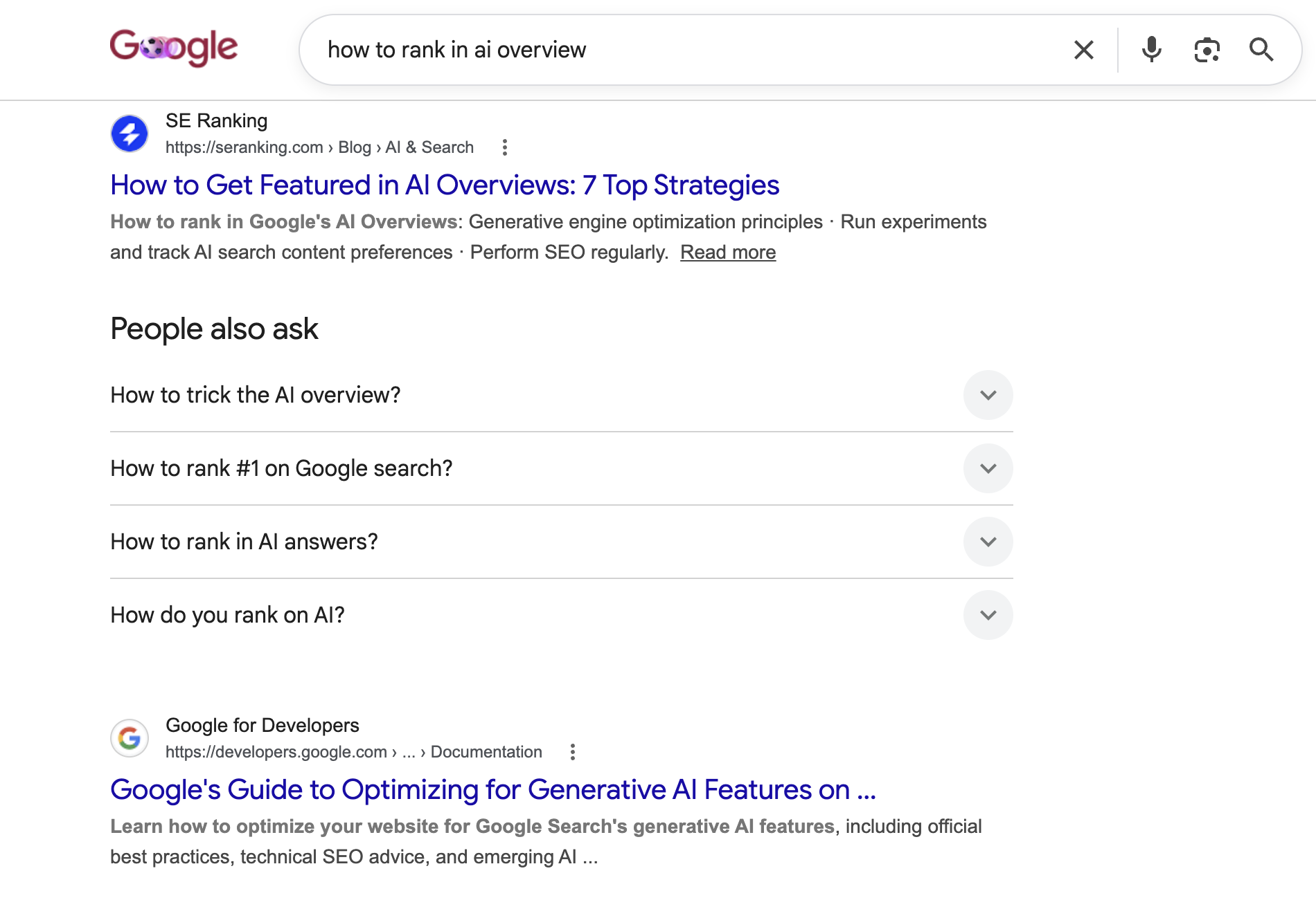 Google SERP for "how to rank in ai overview" with SE Ranking's blog post ranking first above the People Also Ask section