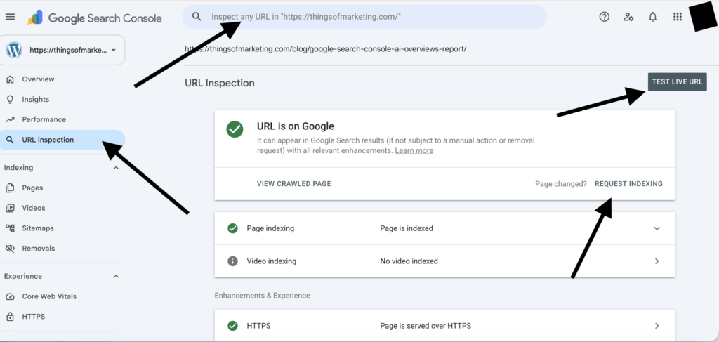 Google Search Console URL Inspection tool showing the Request Indexing button after publishing a blog post